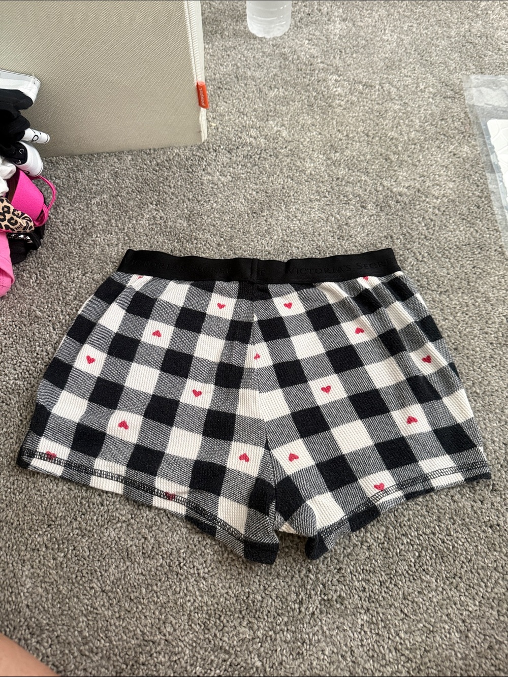 Victoria's Secret Black & White Buffalo Check Shorts with Pink Hearts